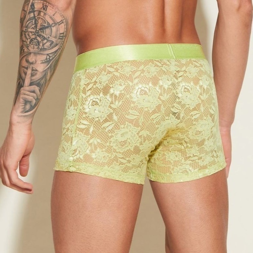 Cosabella Never Say Never Mens Lace Boxer Briefs Lime Green Floral Sheer